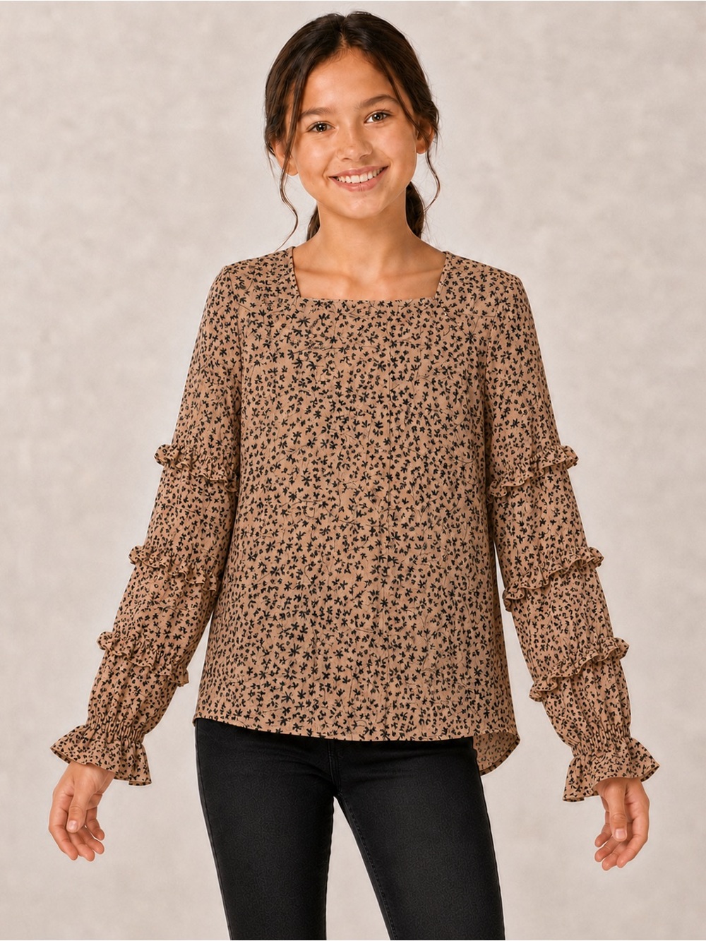 Hayden Girls’ XL Light Tan Black Floral Ruffle Sleeve Boho Blouse Top Size XL